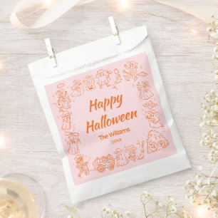 Sachets En Papier Doodles rose orange quirky à la main tiré Hallowee