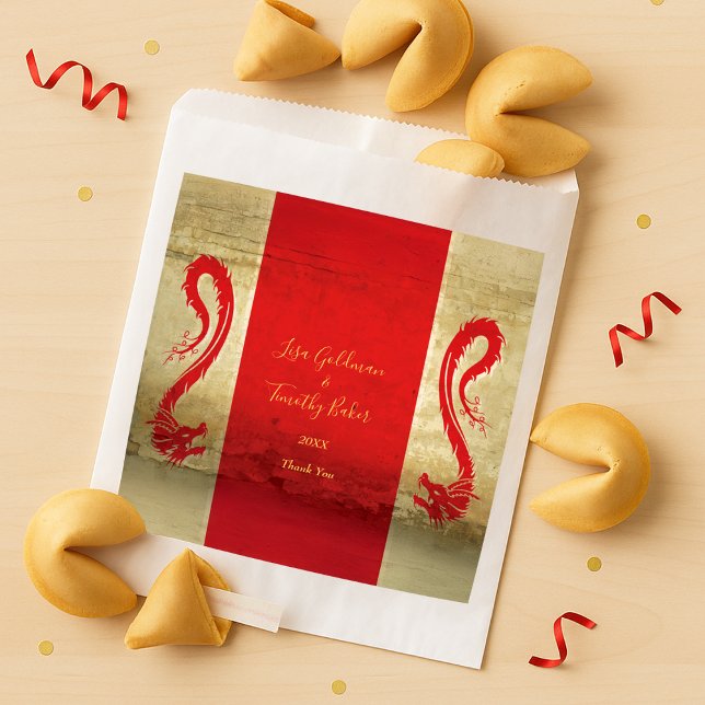 Sachets En Papier Dragons rouge et or Asiatique Mariage à thème (Red and Gold Dragons Asian Themed Wedding Favor Bag)