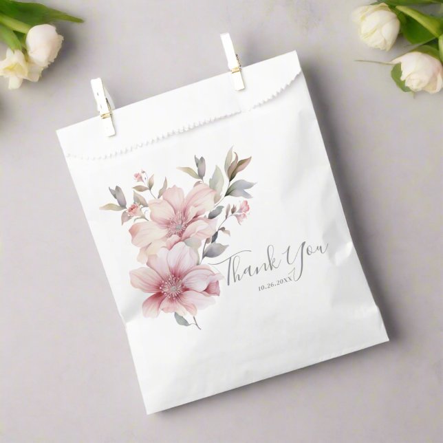 Sachets En Papier Élégant aquarelle floral rose tendre Merci (Créateur téléchargé)
