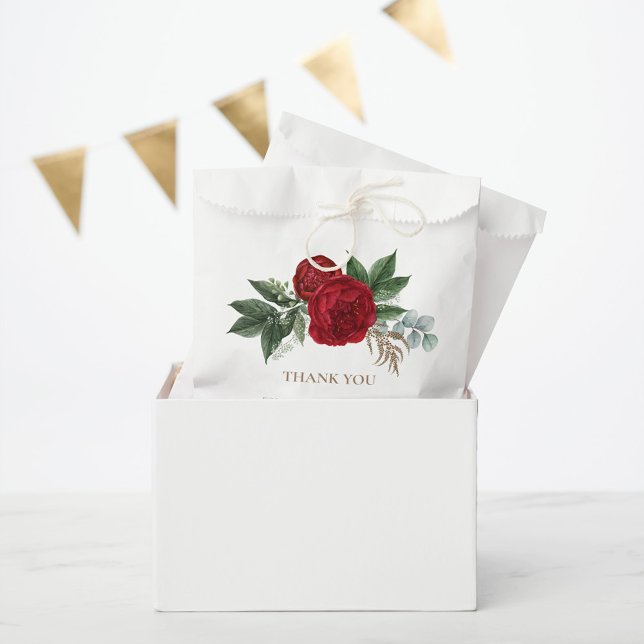 Sachets En Papier Élégant Gold Script Rouge Floral Merci (Créateur téléchargé)