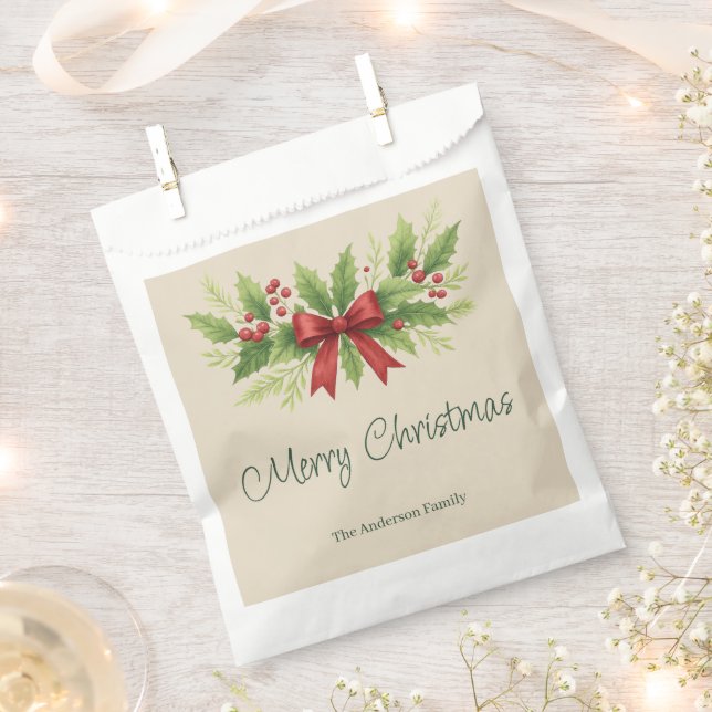 Sachets En Papier Elegant Holly & Red Bow Noël - (Coupé)