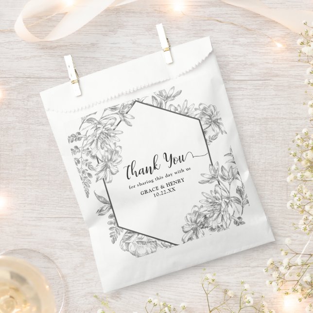 Sachets En Papier Élégant noir blanc Merci botanique Mariage (Coupé)