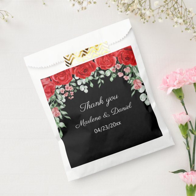 Sachets En Papier Élégant Rose rouge et noir Fleurs Mariage (Scellé)