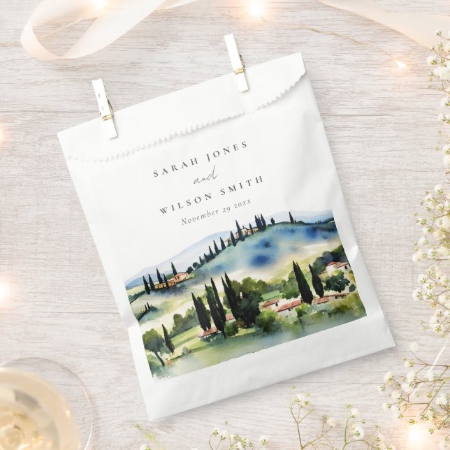 Sachets En Papier Elégant Toscane Italie Aquarelle Mariage paysage (Coupé)