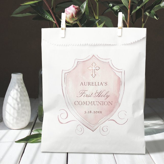 Sachets En Papier Élégante crête rose d'aquarelle première communion (Créateur téléchargé)
