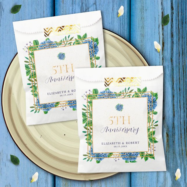 Sachets En Papier Elégante Gold Blue Hydrangea 5ème anniversaire (Créateur téléchargé)