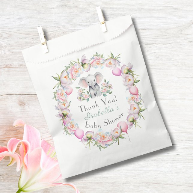 Sachets En Papier Eléphant Bébé avec pivoines et Baby shower à ballo (Créateur téléchargé)