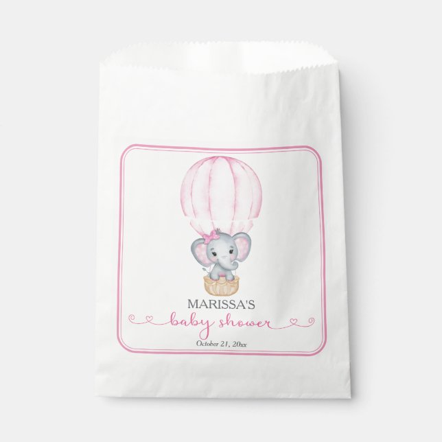 Sachets En Papier Eléphant rose bébé fille douche (Devant)