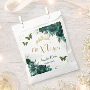 Sachets En Papier Émeraude Vert Floral Quinceanera Papillons Dorés