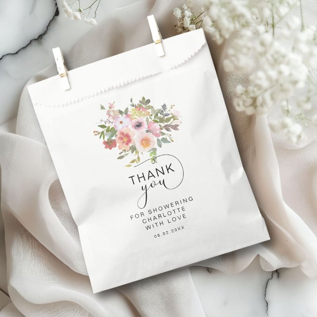 Sachets En Papier Fête de mariage Fleur Moderne  (Modern Flower "Thank You!" Bridal Shower Favor Bag with your name and date.)