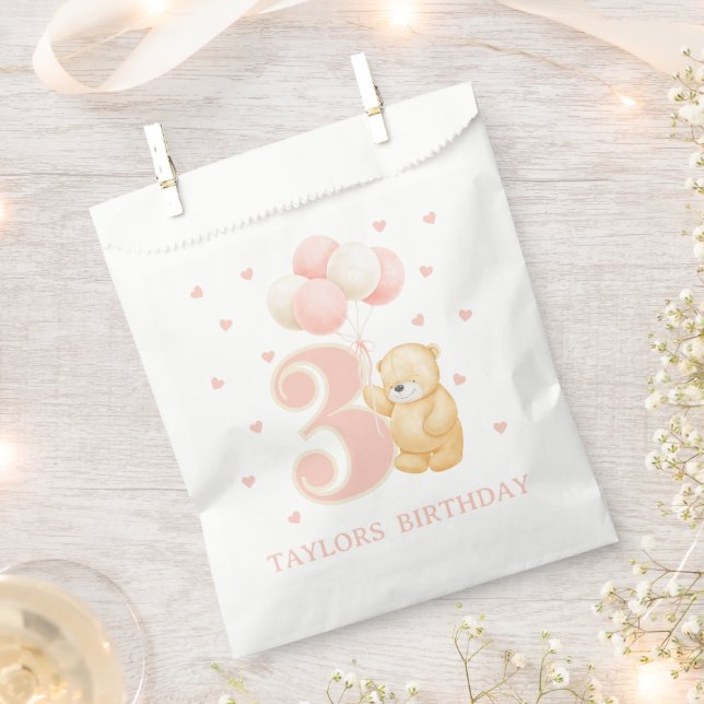 Sachets En Papier Fille 3 ans Anniversaire Ours rose + Nom Fête (Coupé)