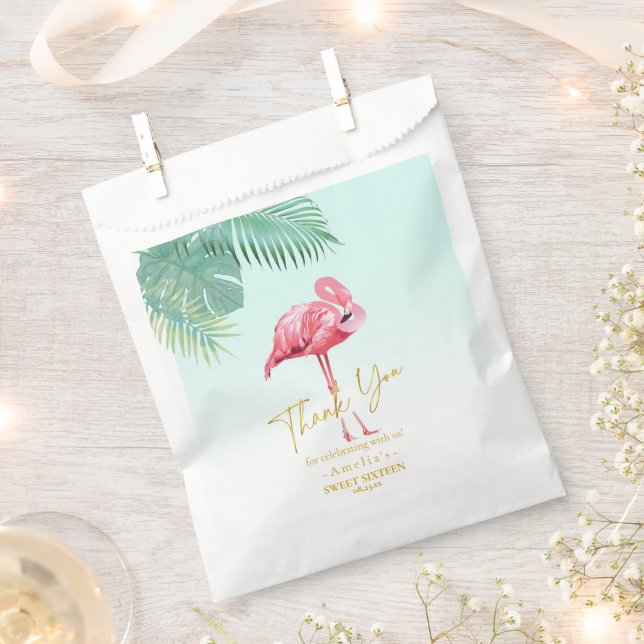 Sachets En Papier Flamant rose tropical Palms Sweet 16 Merci ID922 (Coupé)