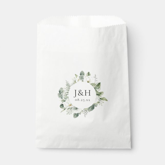 Sachets En Papier Fleurs blanches vertes et Monogramme Mariage de ve (Devant)