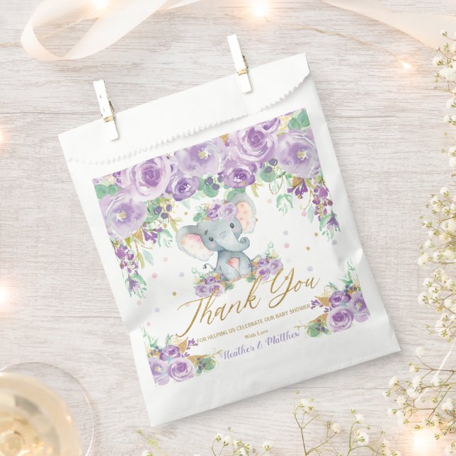 Sachets En Papier Fleurs florales violettes Baby shower Eléphant mig (Coupé)