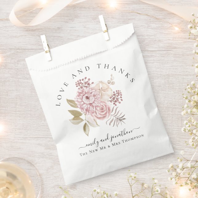 Sachets En Papier Florales roses modernes Merci noms Mariage (Coupé)
