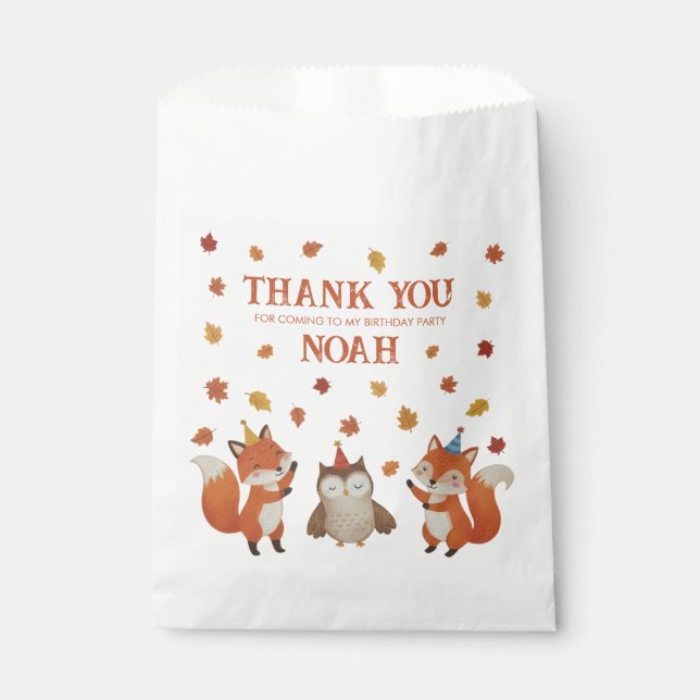 Sachets En Papier Foxes and Owl Woodland Fall Kids Birthday Party (Devant)