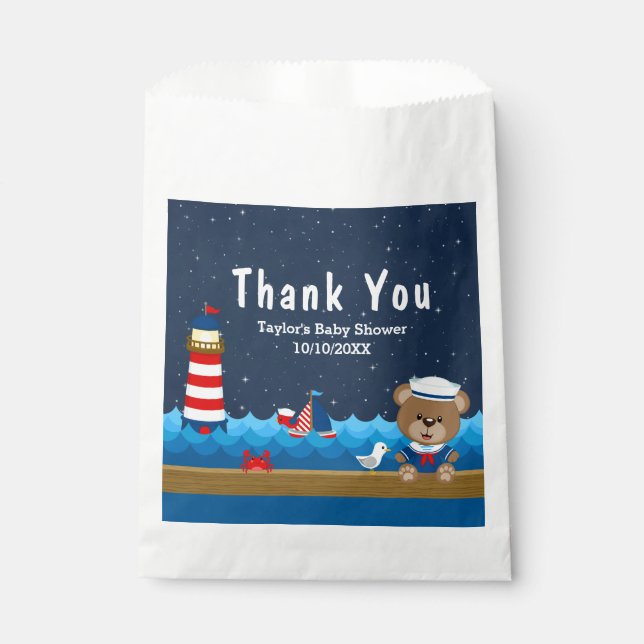 Sachets En Papier Garçon Nautique ours Baby shower rouge Merci (Devant)