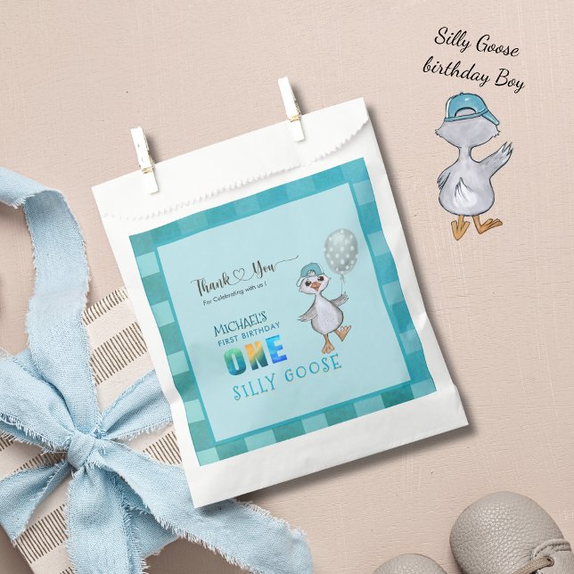 Sachets En Papier Garçon Silly Goose 1er Anniversaire Bleu Plaid (Boy Silly Goose 1st Birthday Blue Plaid Favor Bag)