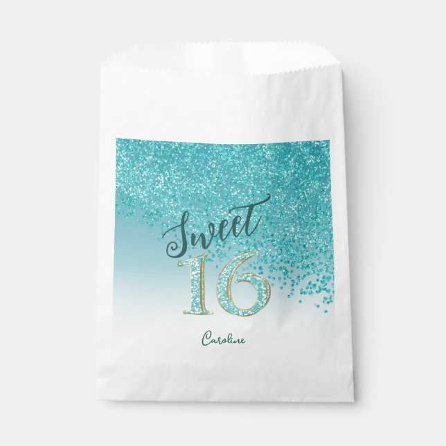 Sachets En Papier Glam Turquoise Bleu Parties scintillant douce 16 A (Devant)