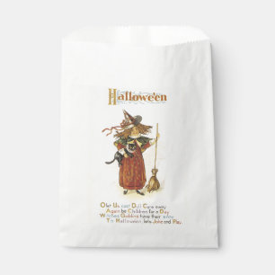 Sachets En Papier Halloween à l'ancienne, sorcière fille avec chat n