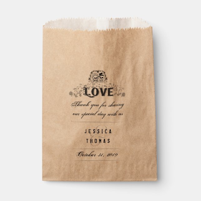 Sachets En Papier Halloween Skeletons LOVE Noms Mariages Merci (Devant)
