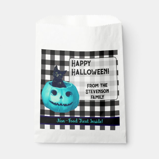 Sachets En Papier Happy Halloween Turquoise Citrouille et Plaid (Devant)