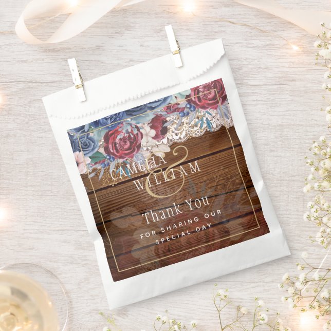 Sachets En Papier Intemporel Rustique Bleu Bourgogne Floral Mariage  (Coupé)