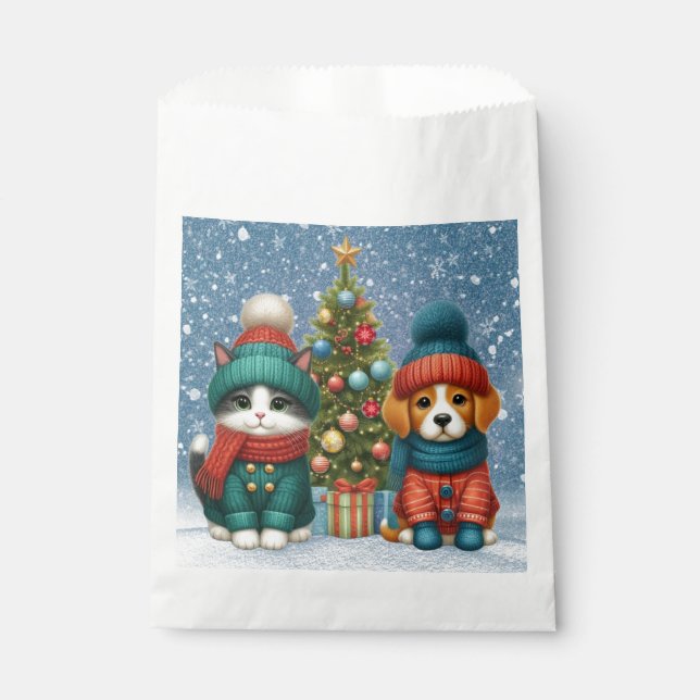 Sachets En Papier Joli chiot de Noël & chaton (Devant)