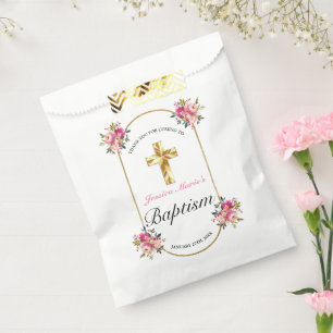 Sachets En Papier Joli PInk Floral Gold Cross Baptism
