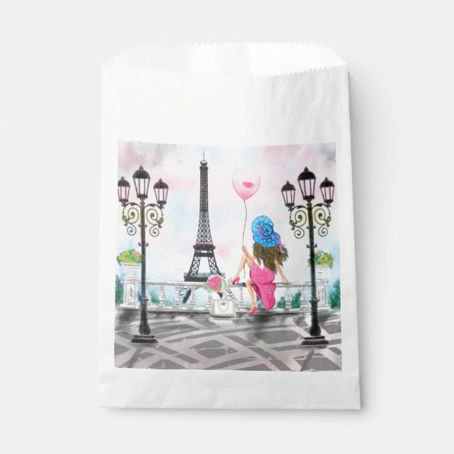 Sachets En Papier Jolie femme et ballon de coeur rose - I Love Paris (Devant)