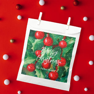 Sachets En Papier Joyeux Noël vert et baies rouges