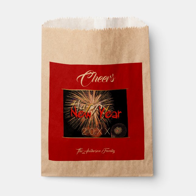Sachets En Papier Joyeux Nouvel An 2021 Feu d'artifice en rouge Favo (Devant)