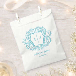 Sachets En Papier Mariage à la Crête de Monogramme Turquoise de Rose
