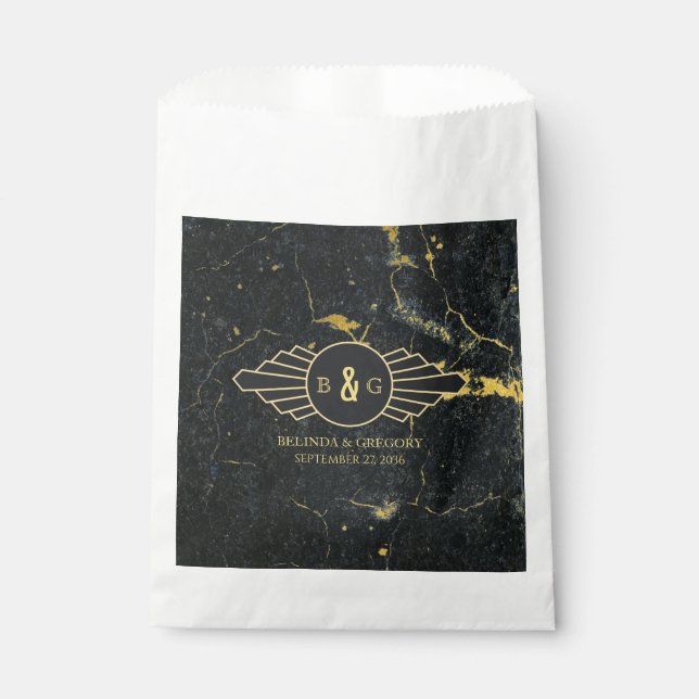 Sachets En Papier Mariage Art déco en marbre d'or noir (Devant)