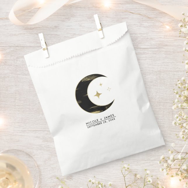 Sachets En Papier Mariage Black & Gold Celestial Moon Stars (Coupé)
