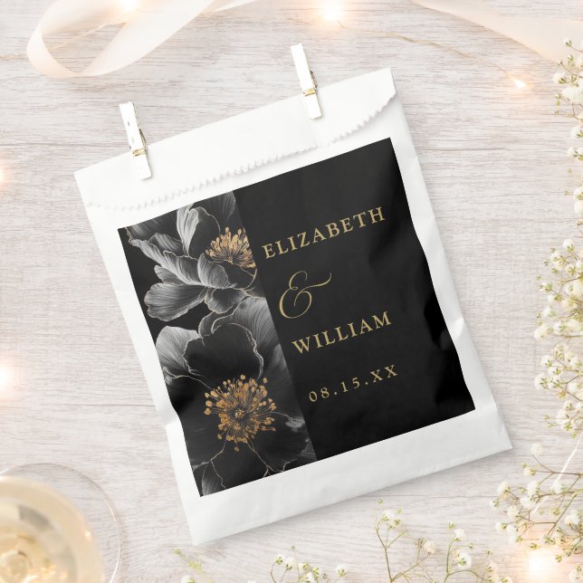 Sachets En Papier Mariage botanique élégant noir et or (Coupé)