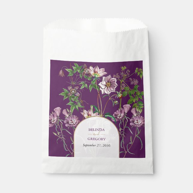 Sachets En Papier Mariage d'arc doré fleuri violet (Devant)