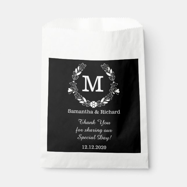 Sachets En Papier Mariage de monogramme à couronne florale noir blan (Devant)