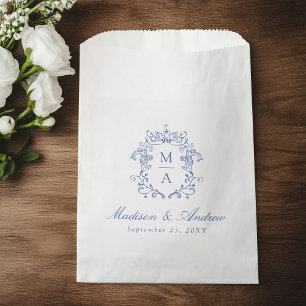 Sachets En Papier Mariage élégant avec monogramme et armoiries bleu