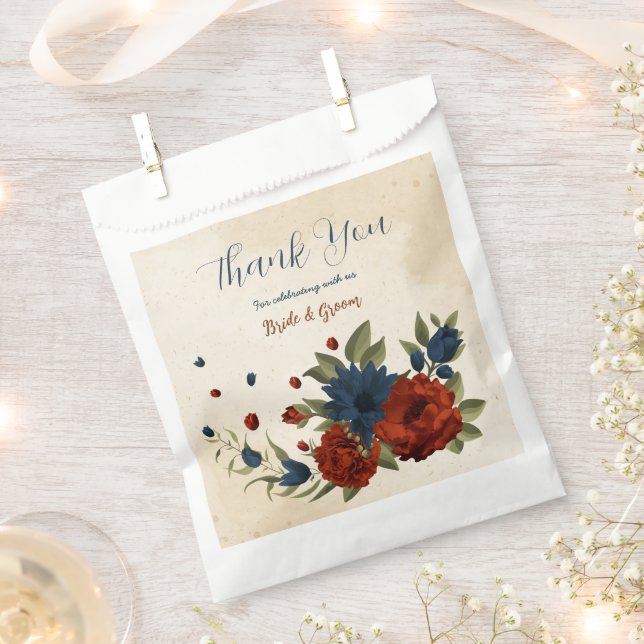 Sachets En Papier mariage floral orange brulé et bleu marine (Coupé)