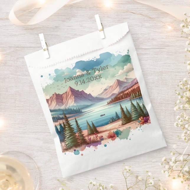 Sachets En Papier Mariage Vues sur la montagne aquarelle (Coupé)