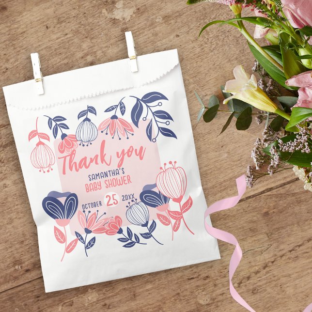 Sachets En Papier Merci bleu rose Fleurs Baby shower botanique (Créateur téléchargé)