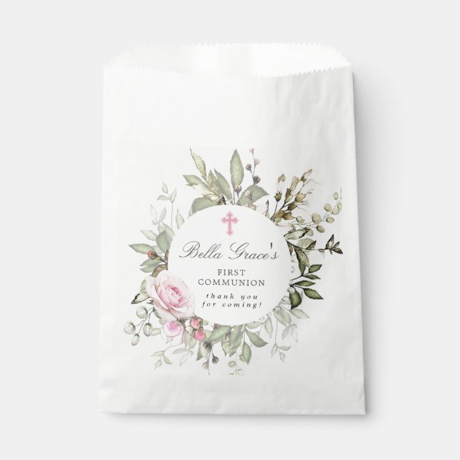 Sachets En Papier Merci de la première communion rose floral (Devant)