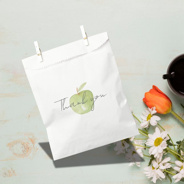 Sachets En Papier Merci moderne aquarelle vert pomme (Modern watercolor green apple with script saying thank you.)