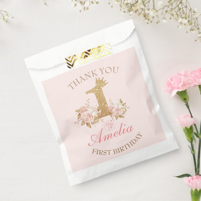 Sachets En Papier Merci Pink Gold Crown Princesse 1er anniversaire (Scellé)