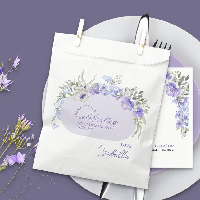 Sachets En Papier Merci pour célébrer la florale pourpre peri (Thank you for celebrating, personalized favor bags with purple floral design)