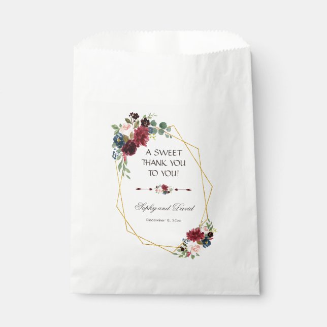 Sachets En Papier Merlot Marine bleu Floral MERCI cadre or (Devant)