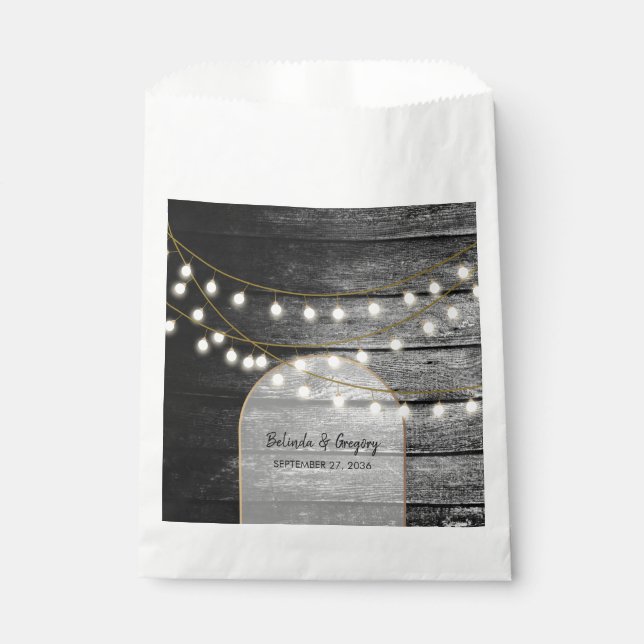 Sachets En Papier Moderne Rustique Noir Bois Lumière Arc Mariage (Devant)
