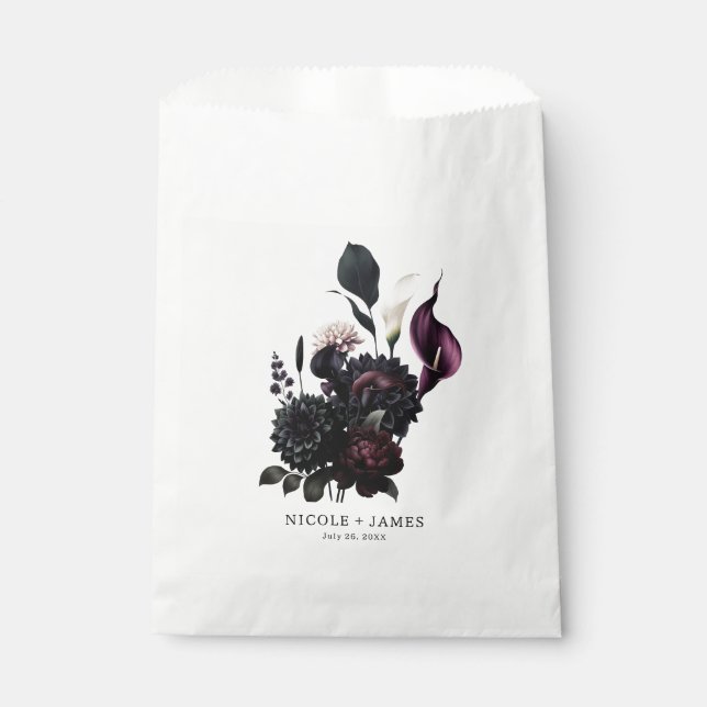 Sachets En Papier Noir Moody Romantique mariage floral Favoriser (Devant)