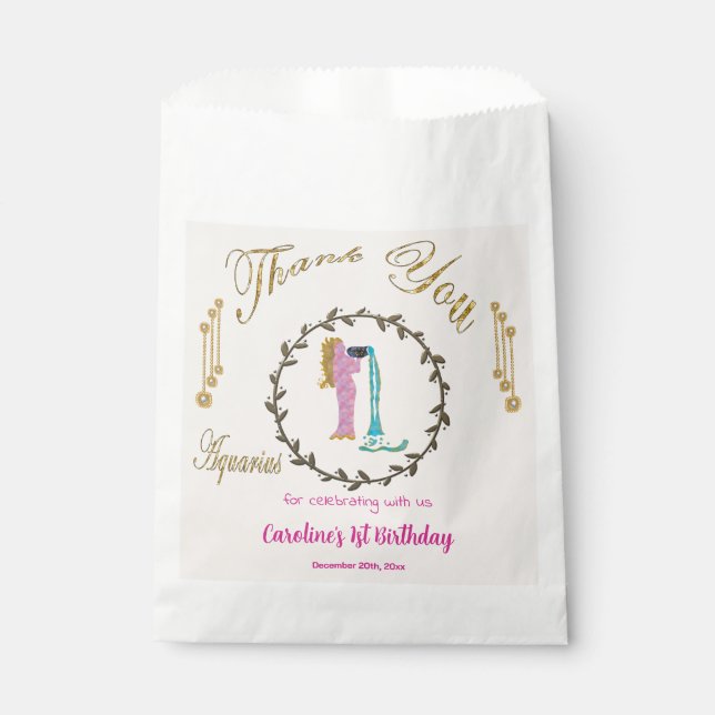 Sachets En Papier Or et perles Aquarius 1er anniversaire Merci (Devant)